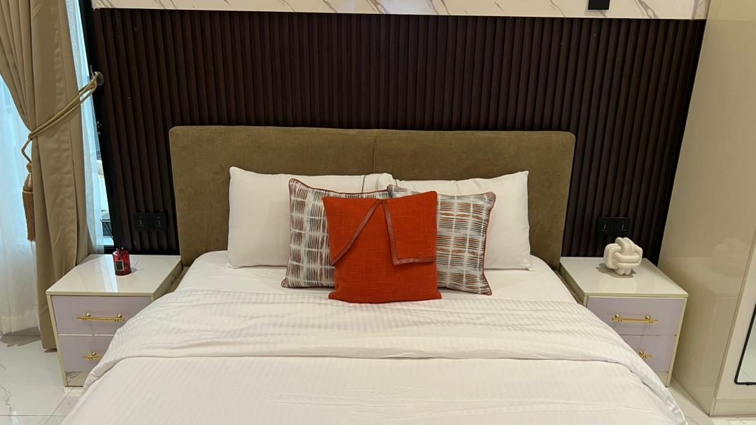 Bed with slatted headboard, Apartment Alpha, Nimbus Nook Ikeja GRA