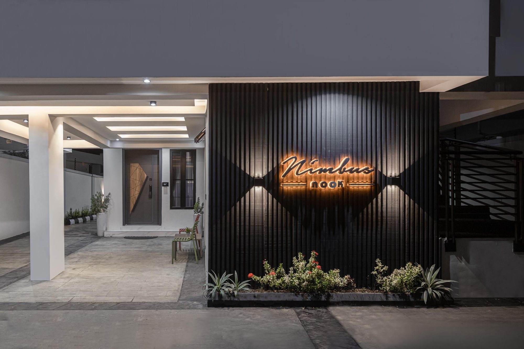 Nimbus Nook shortlet apartments entrance in Ikeja GRA at night